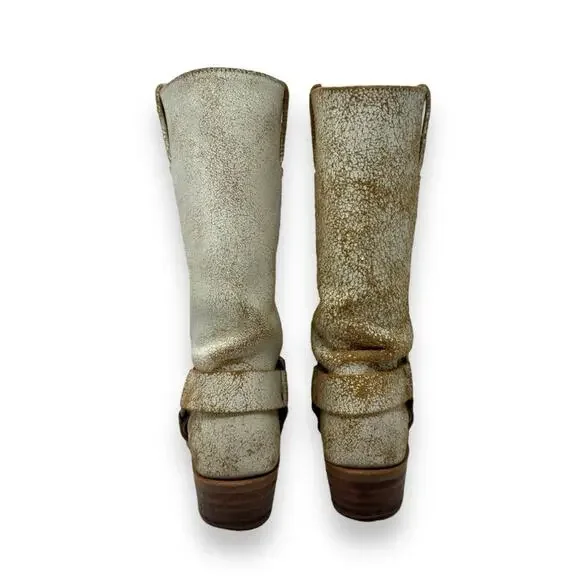 FRYE Harness 12R Leather Belted Western Moto Crackle White Square Toe 7 Women’s